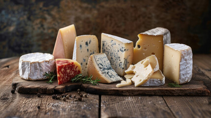 Assortment of various types of cheese on a rustic wooden table, showcasing a delicious cheese platter with diverse textures and flavors.
