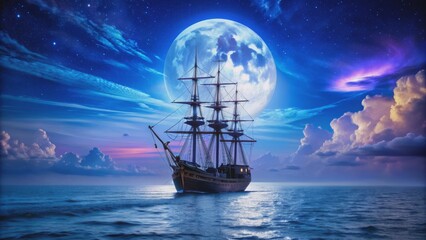 Fototapeta premium Sailing Beneath a Giant Moon, Digital Art, Ship on Sea, Night Sky, Moonlit Sea, Night Sky, Ocean