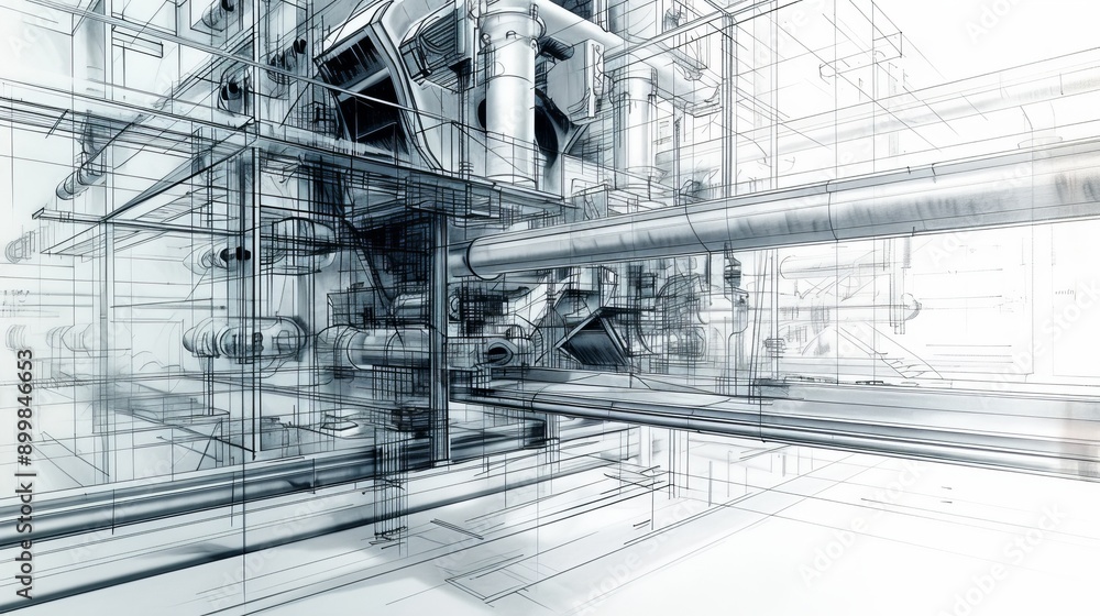 Poster a complex architectural blueprint showcasing the intricate design of industrial machinery. the trans
