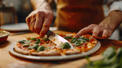 Anonymous person slicing pizza on a plate with a knife, wooden table setting, leisure time in a cozy restaurant.