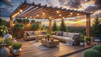 Sunset Patio with Wooden Pergola and String Lights, outdoor living, patio design, backyard decor, summer nights