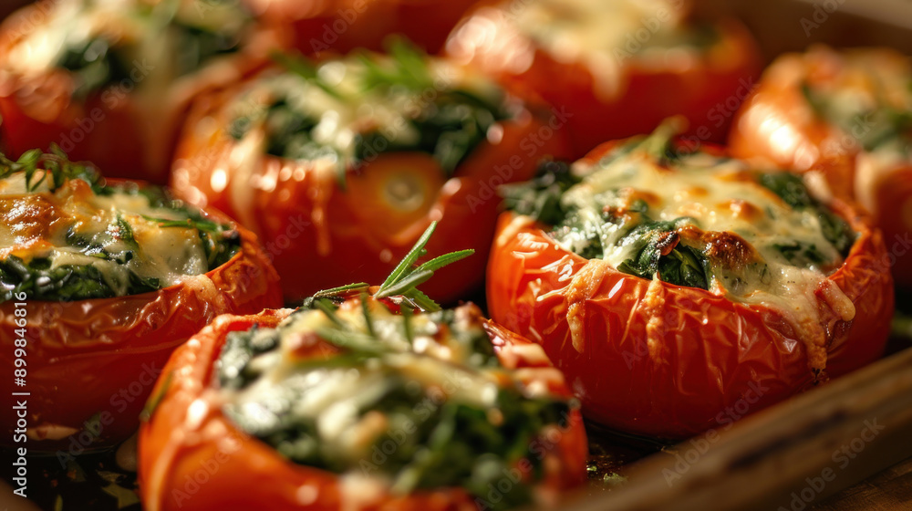 Wall mural Close-up of oven-baked tomatoes stuffed with spinach, cheese, and herbs, showcasing a delicious and nutritious vegetarian meal.