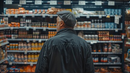 Fototapeta premium Close-up rearview of a man in a supermarket choosing products. The image captures the diversity and choice available in a modern grocery store.