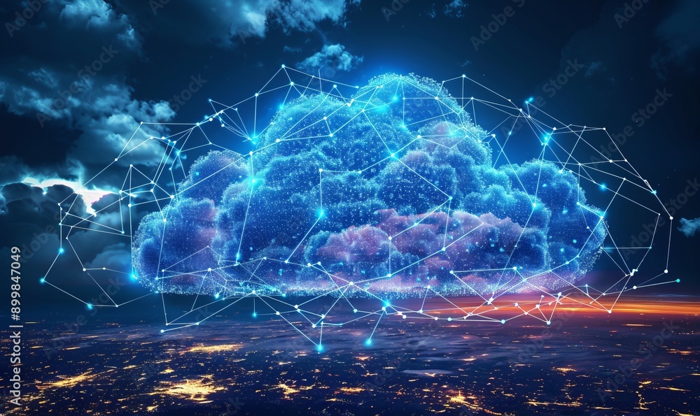 Aufkleber data transfer cloud computing technology concept. there is a large prominent cloud icon in the cente