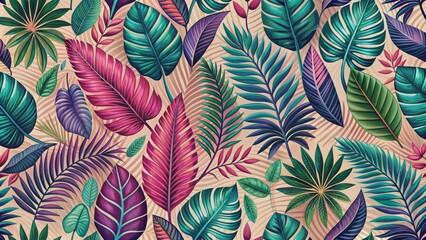 Naklejka premium Tropical Leaf Pattern, Digital Illustration, Green and Purple Leaves, Jungle Aesthetic, tropical, botanical, pattern