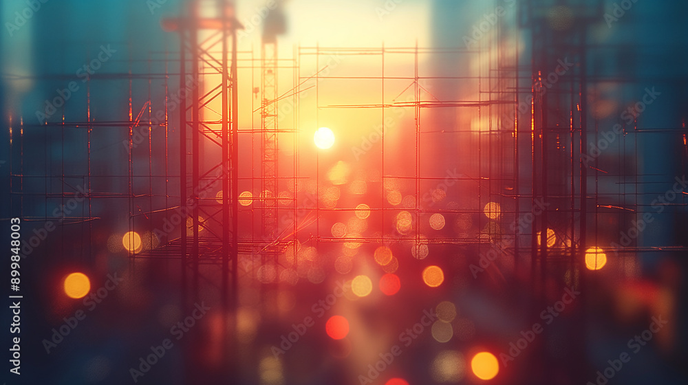 Poster sunset through construction scaffolding with bokeh lights