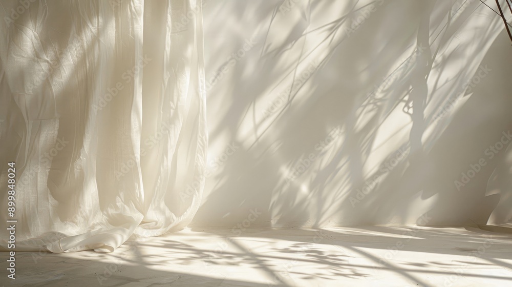 Aufkleber light and shadows on white wall from curtain and objects sunlight space for text