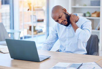 Neck pain, office and business black man on laptop for medical emergency, crisis and accident. Burnout, overworked and worker with headache, stressed out and frustrated with inflammation on computer