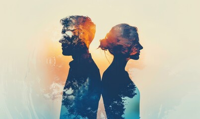 man and woman, silhouettes, back to back, double exposition