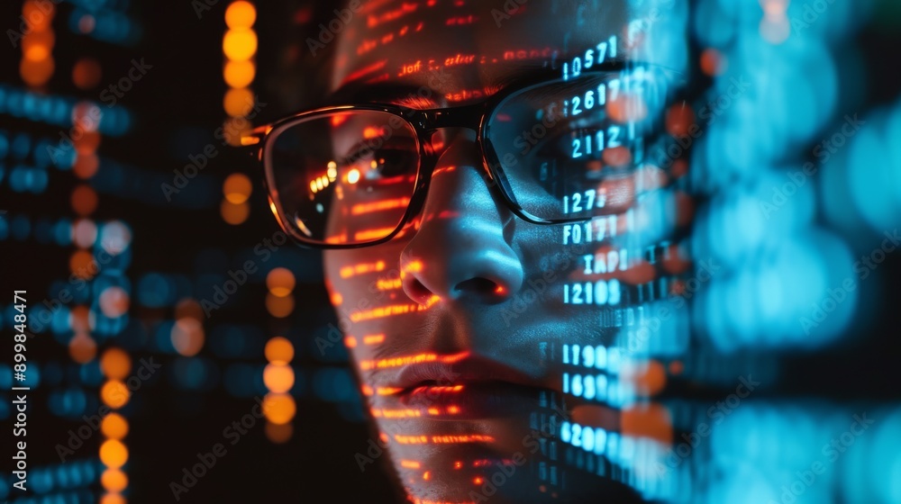 Poster a close-up of a man wearing glasses with vibrant data reflections on his face. the image portrays th