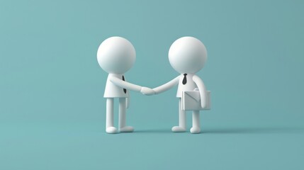 Two 3D business figures are shaking hands, representing partnership, agreement, and teamwork in a professional environment