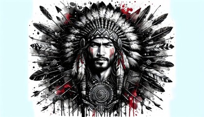 Cherokee Warrior Indigenous Art: Black, White, and Red Masterpiece