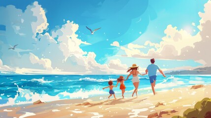 Illustration of a family enjoying a sunny day at the beach, running towards the waves under a bright blue sky