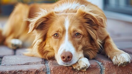 There's a dog lying on the veranda and he has a sad expression on his face. The pet is waiting for its owner. Illustration for cover, card, postcard, interior design, decor or print.