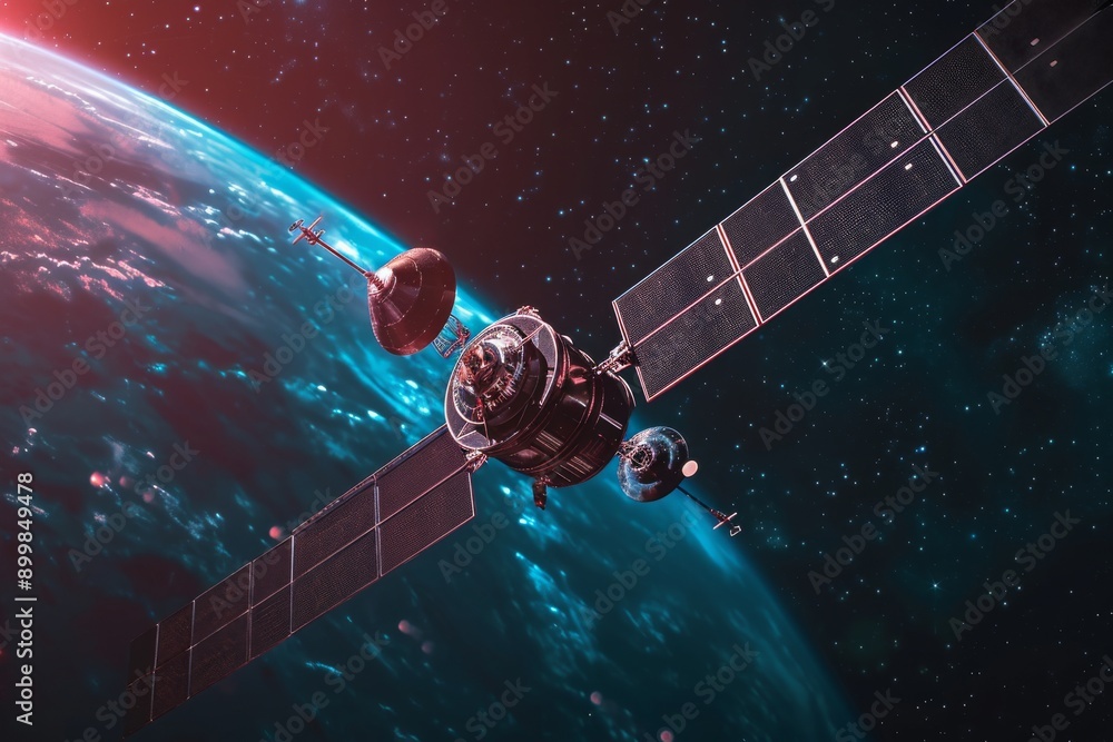 Poster an artists rendering depicting a satellite in outer space, floating against a backdrop of stars and 