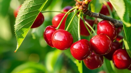 Branch of ripe cherries on a tree in a garden. selective focus, Generative AI,