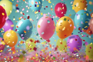 Multicolored balloons with confetti and ribbons, vibrant party setting