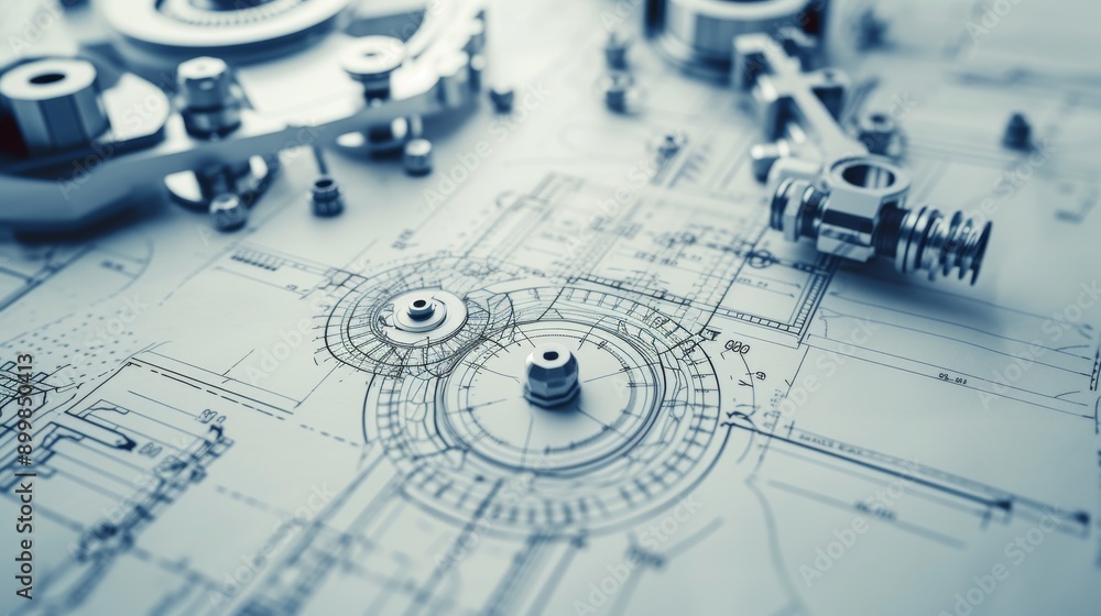 Poster close-up of mechanical engineering blueprint, showcasing detailed parts and components. the precise 