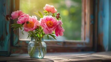 Pink tree peonies in a glass vase with rural background