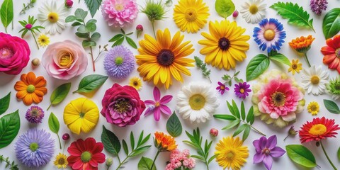 A Symphony of Blooms A Flat Lay with Diverse Flowers, Leaves and Buds on a White Background, flower arrangement, flat lay, white background, nature