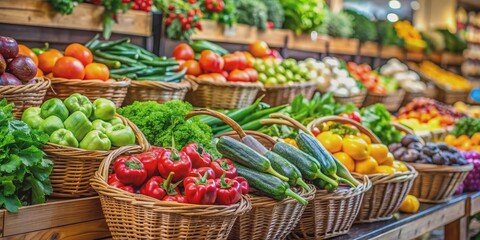 Obraz premium A Vibrant Display of Fresh Produce in Wicker Baskets, Green Peppers, Red Peppers, Zucchini, Market, Harvest, Organic
