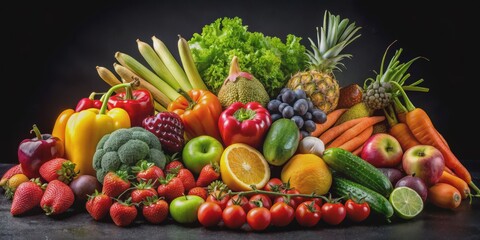 A Vibrant Still Life of Fresh Fruits and Vegetables, Composition of Diverse Produce, Colorful and Nutritious Food, Black Background, Food Photography, Healthy Eating, Fruits