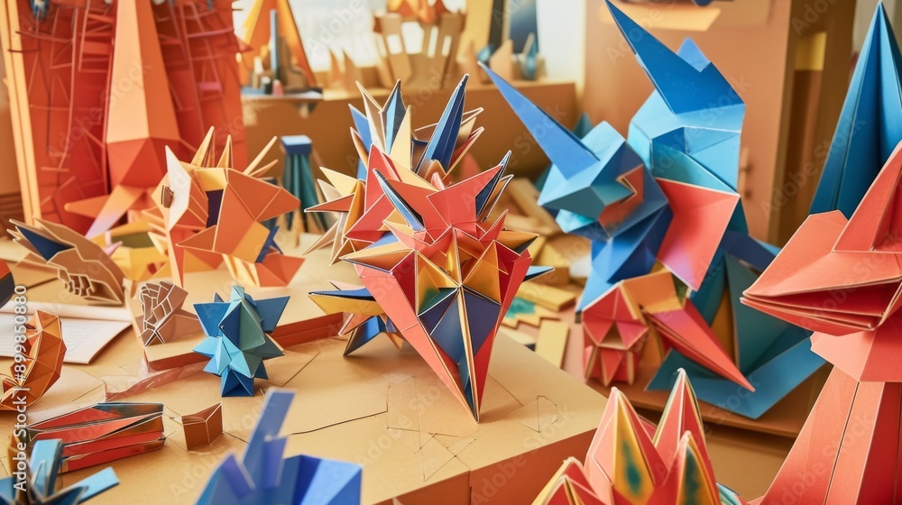 Aufkleber a dynamic display of colorful origami figures in various geometric shapes. the scene showcases intri