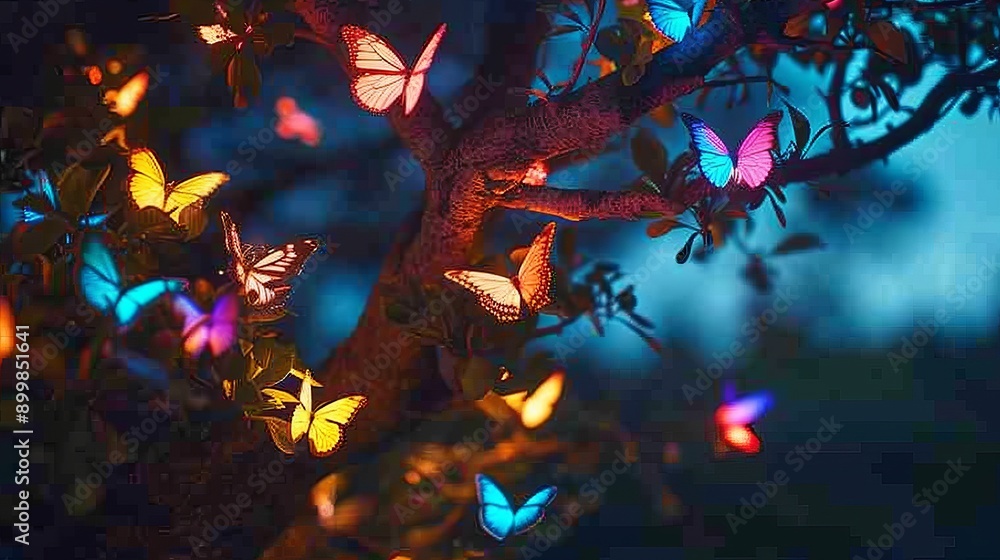 Aufkleber a captivating scene featuring glowing butterflies perched on a tree branch at night. the colorful il