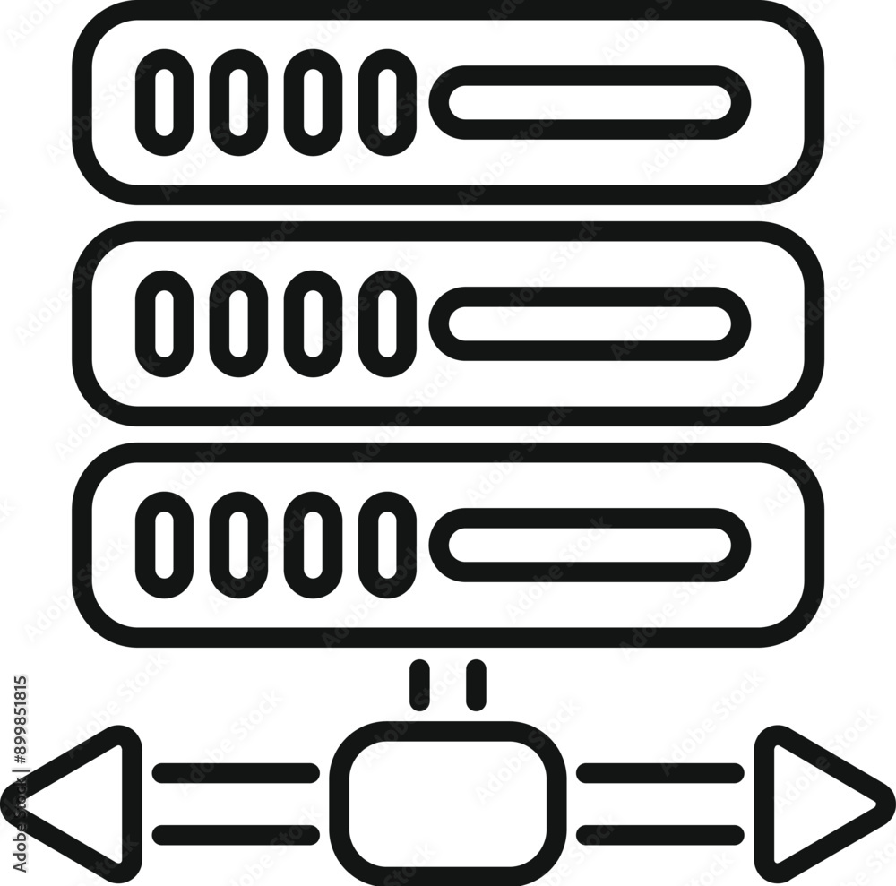 Poster line art icon of a data server receiving and sending information through a transfer icon
