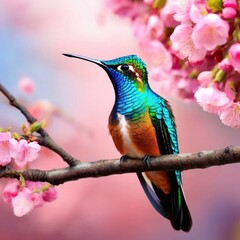 Vibrant Hummingbird Perched Among Cherry Blossoms in Springtime