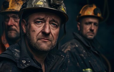 Obraz premium Three coal miners in hard hats, one looking directly at the camera. The image captures the grit and determination of hard work.
