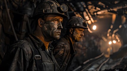 Naklejka premium Two coal miners stand in a dark mine shaft, lit by flickering lights. The men are covered in dust and grime, their faces etched with exhaustion and determination.