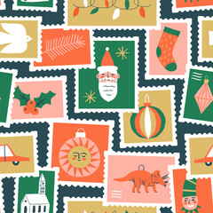 Merry Christmas vintage post card stamp seamless pattern illustration. Retro style winter holiday postage sticker texture. Xmas celebration mail postmark wallpaper, festive postal label print.