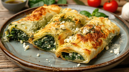 Close-up of homemade rolled borek with spinach and feta cheese, highlighting Turkish culinary tradition.