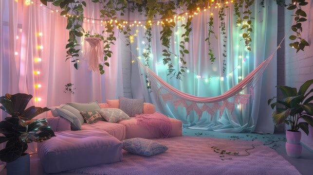 Pastel-colored lounge area featuring soft floor cushions, sheer draped fabrics, and overhead string lights creates a serene space for youth-focused advertising.