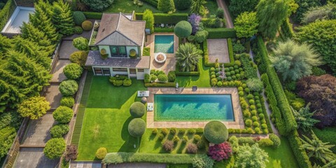 Fototapeta premium Aerial View of a Luxurious Home with a Pool and Landscaped Gardens, Drone Photography, Luxury Home, Green Spaces, Poolside Paradise