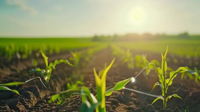 Young, green corn sprouts thrive in a vast field under the morning sun. The scene showcases early crop growth, enhanced with technology symbols representing smart farming. The mood is optimistic and