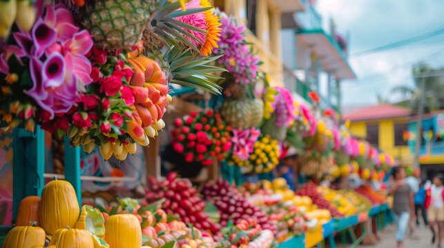 Kadayawan Festival, rows of floats decorated with flowers and fruits, colorful Davao city buildings in the background, Ai generated Images