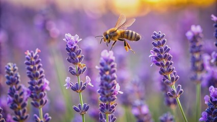 Bee in Flight Over Lavender Field, Lavender, Bee, Nature, Pollination