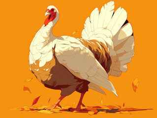 White turkey with autumn leaves on an orange background