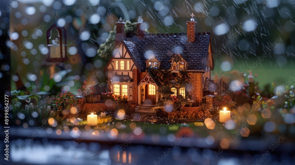 Poster a charming -style miniature model home, complete with detailed brickwork and a small garden, viewed 