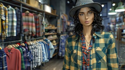 Obraz premium A clothing store with racks hanging shirts for casual wear. Concept for closet update, sales or shopping. Illustration for advertising.