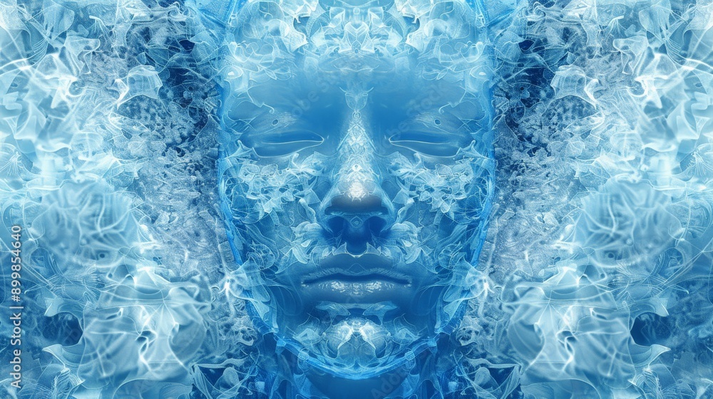 Poster Abstract face of a humanoid robot with intricate blue patterns. Futuristic technology and artificial intelligence concept.
