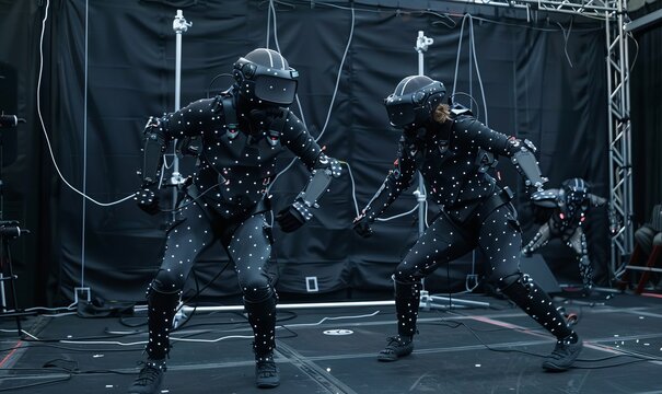 Dual actors in mocap suits, synchronized performance capture, cutting-edge tech