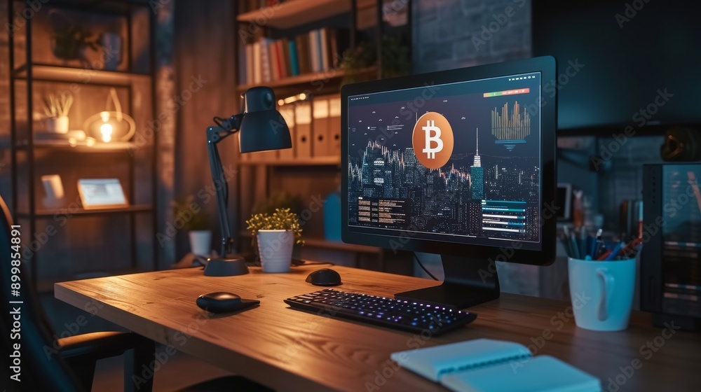 Poster a cozy office setup with a bitcoin symbol on a desk, illuminated by warm evening lighting, and a com