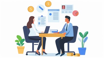 Fototapeta premium Financial bank consultant helping, consulting client on finance analysis, tax law. Adviser and person during consultation. Flat graphic vector illustration isolated on white background AI generated