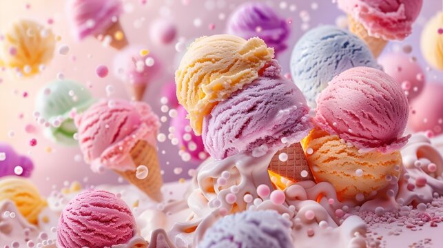 colorful ice cream explosion with many different flavors of ice cream flying in the air