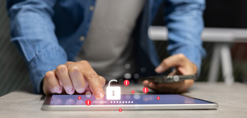 programmer man hand use digital tablet to hack on privacy account system to steal data information of user in server with virtual icon cyberspace for crime of technology and cyber security concept