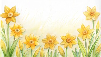 Obraz premium Pencil Drawing of Row of Yellow Narcissus on White Background with Copy Space. Elegant and Detailed Design Ideal for Botanical Illustrations and Nature Inspired Projects