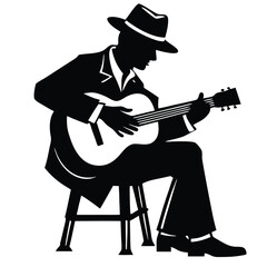 Fototapeta premium a man playing guitar siting a tool, vector silhouette, isolated white background 